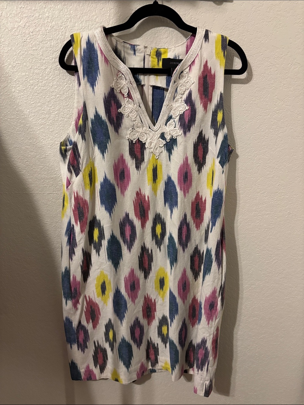 J. Crew White Sleeveless Ikat Dress with Pink, Blue & Yellow Motif